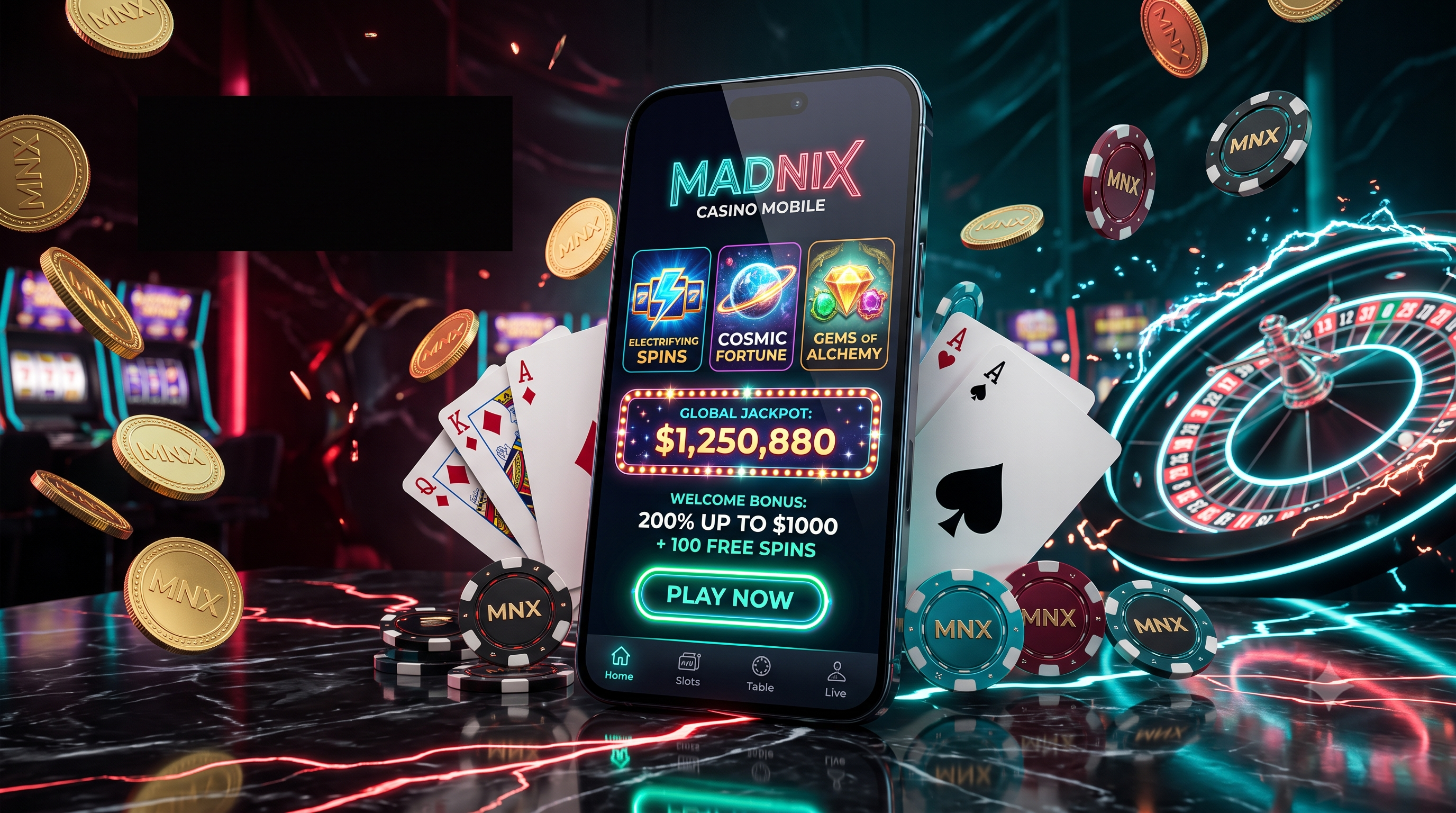 Affichage de l'interface mobile de Madnix Casino sur un smartphone